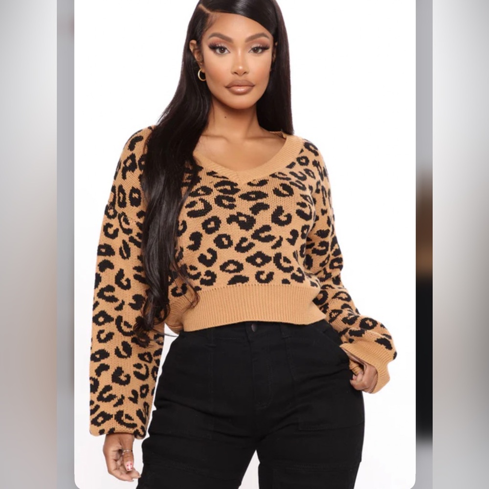 Fashion Nova Leopard V-Neck Cropped Sweater